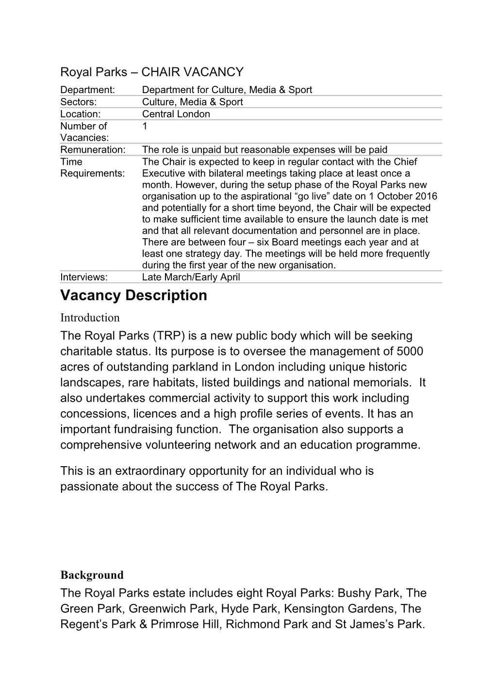 Royal Parks CHAIR VACANCY