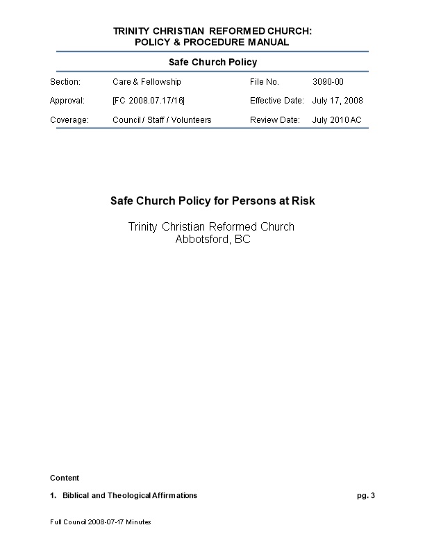 Safe Church Policy for Persons at Risk