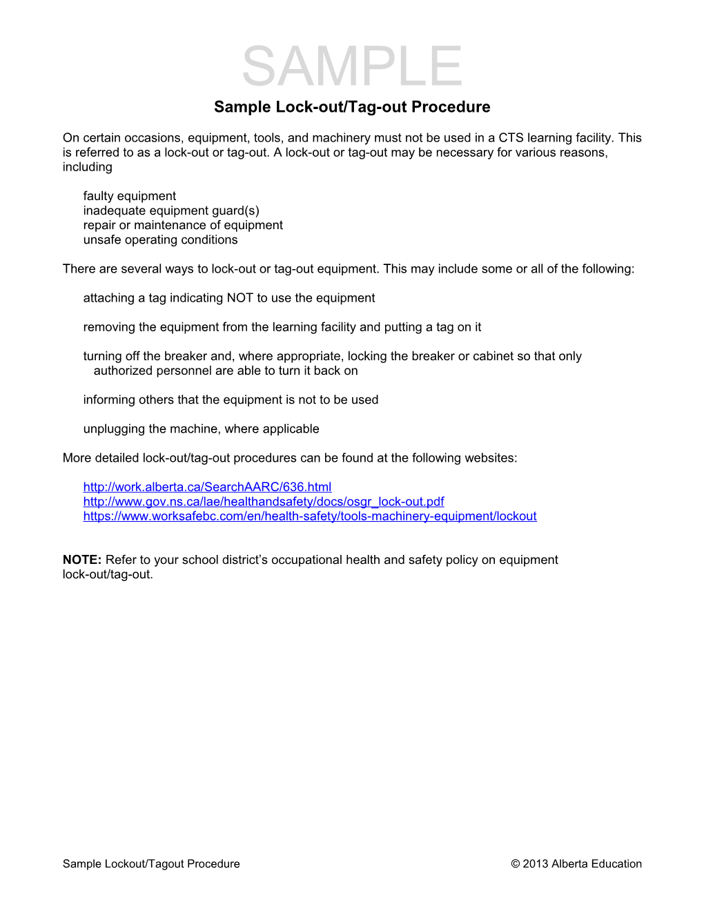 Sample LockOut/TagOut Procedure DocsLib