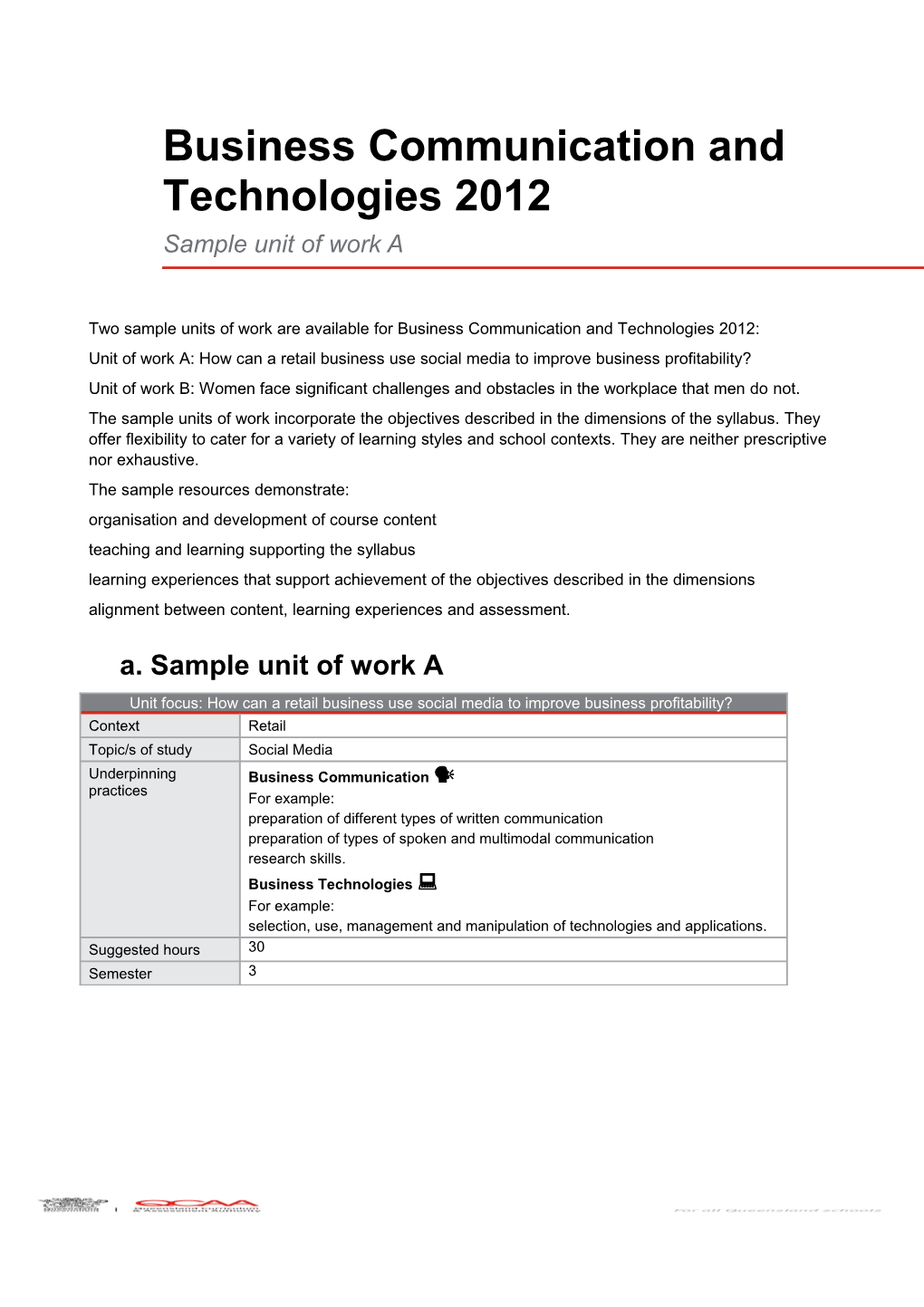 Sample Unit of Work a - Business Communication and Technologies 2012