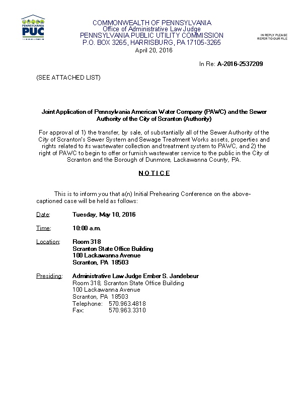 Scranton Prehearing Conference Notice