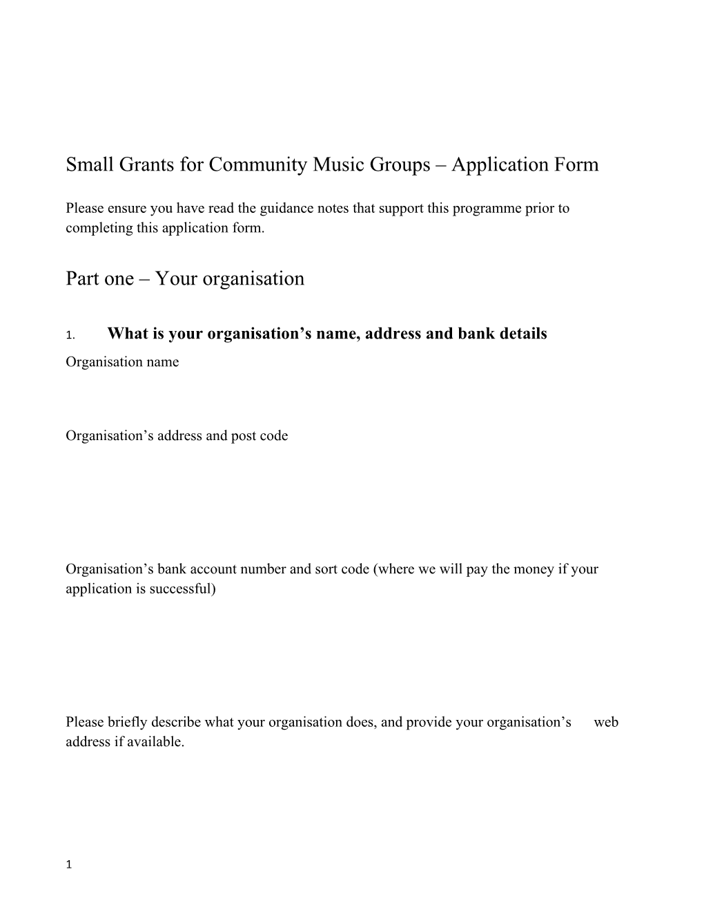 Small Grants for Community Music Groups Application Form