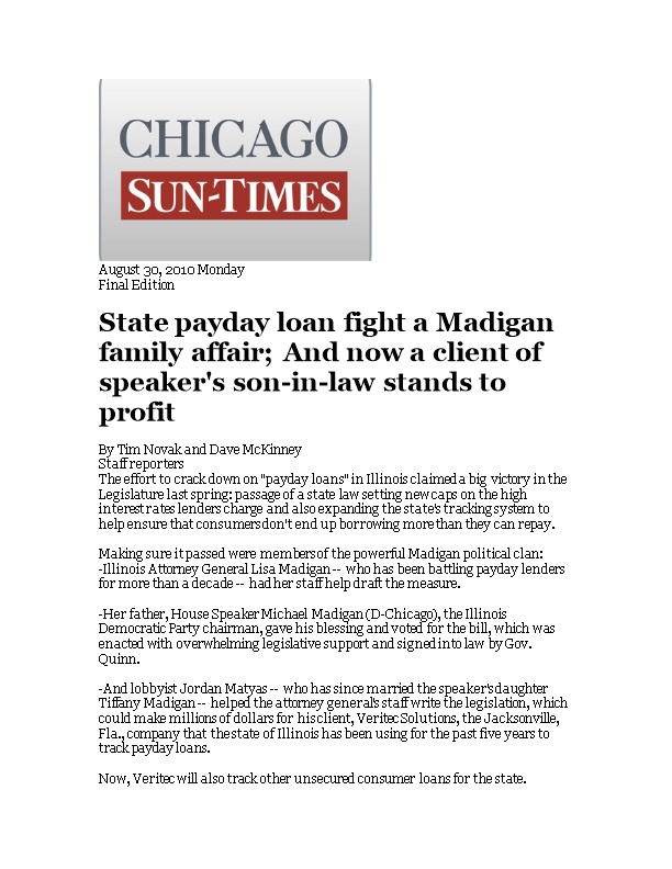 State Payday Loan Fight a Madigan Family Affair; and Now a Client of Speaker's Son-In-Law