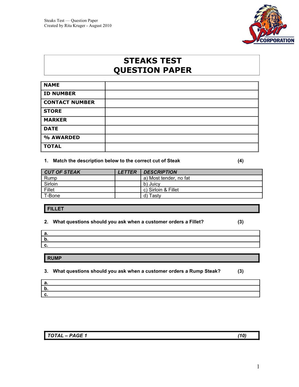 Steaks Test Question Paper
