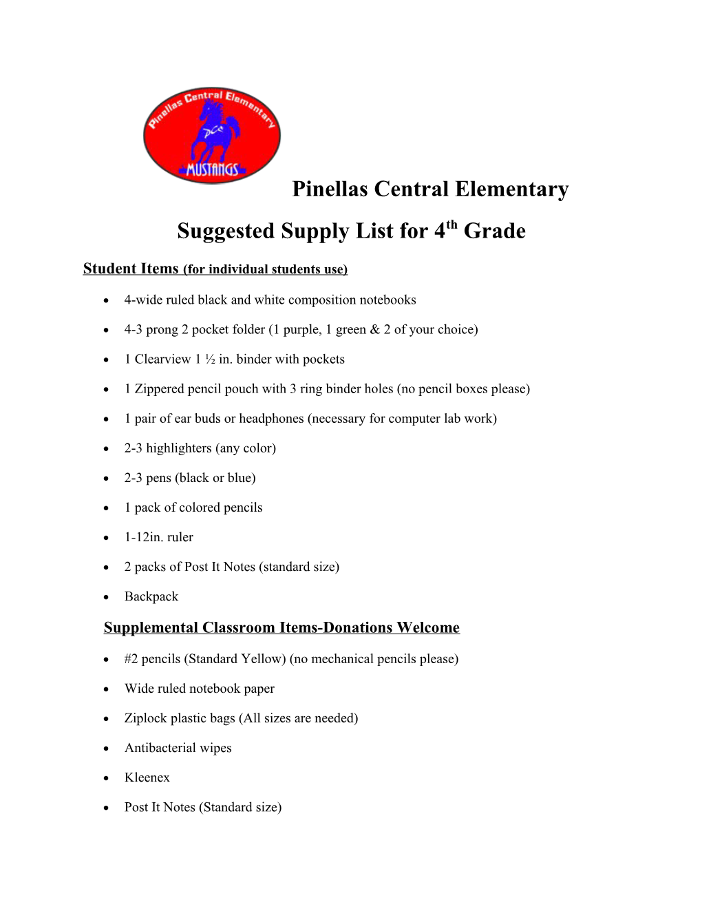 Suggested Supply List for 4Th Grade