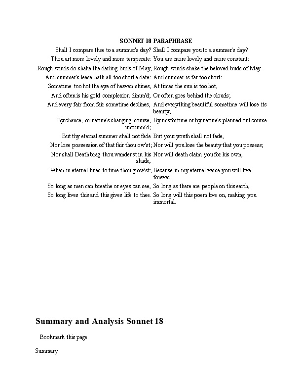 Summary and Analysis Sonnet 18