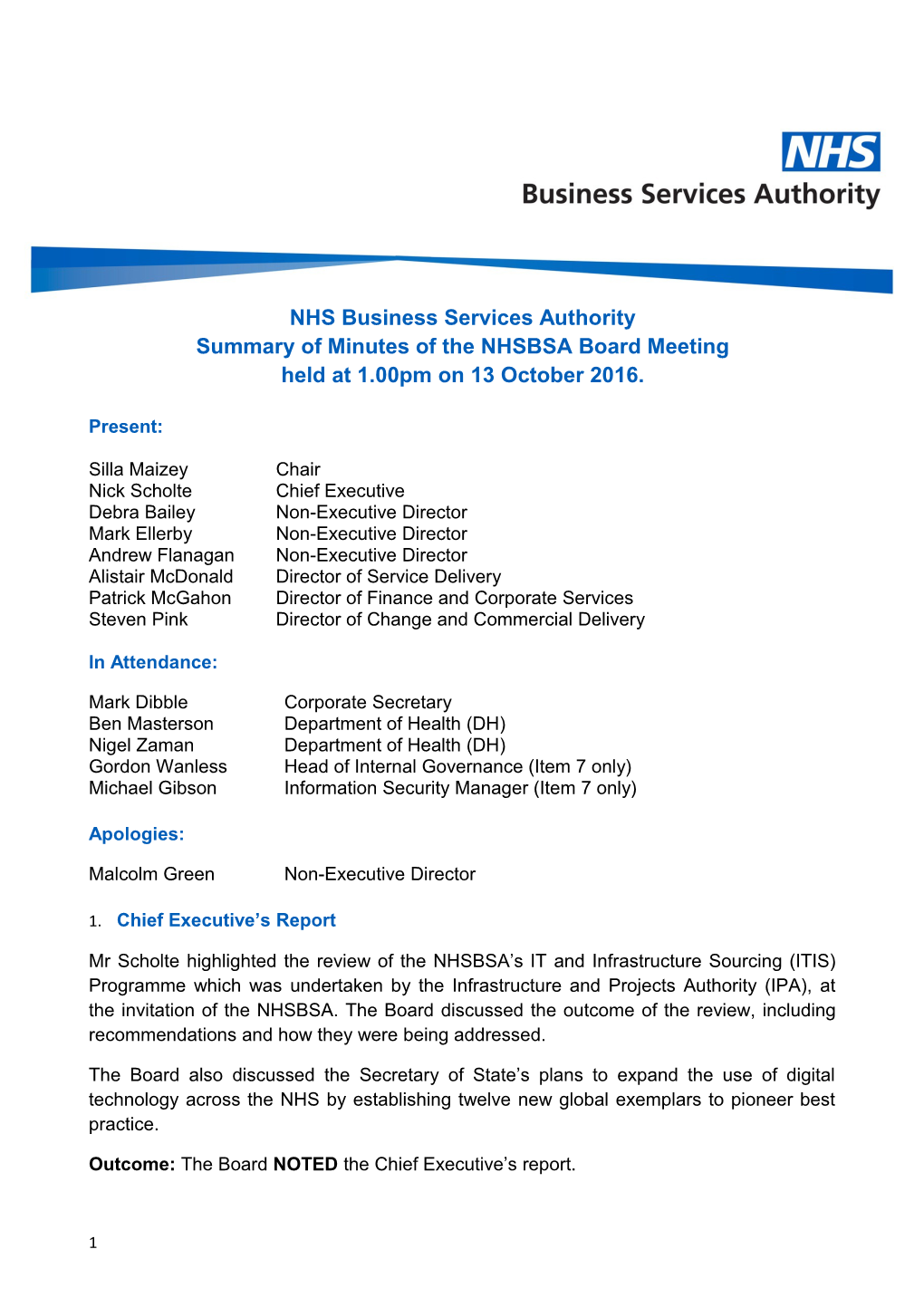 Summary of Minutes of the NHSBSA Board Meeting