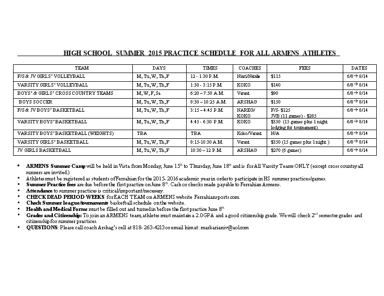 Summer 2011 Practice Schedule for All Armens Athletes