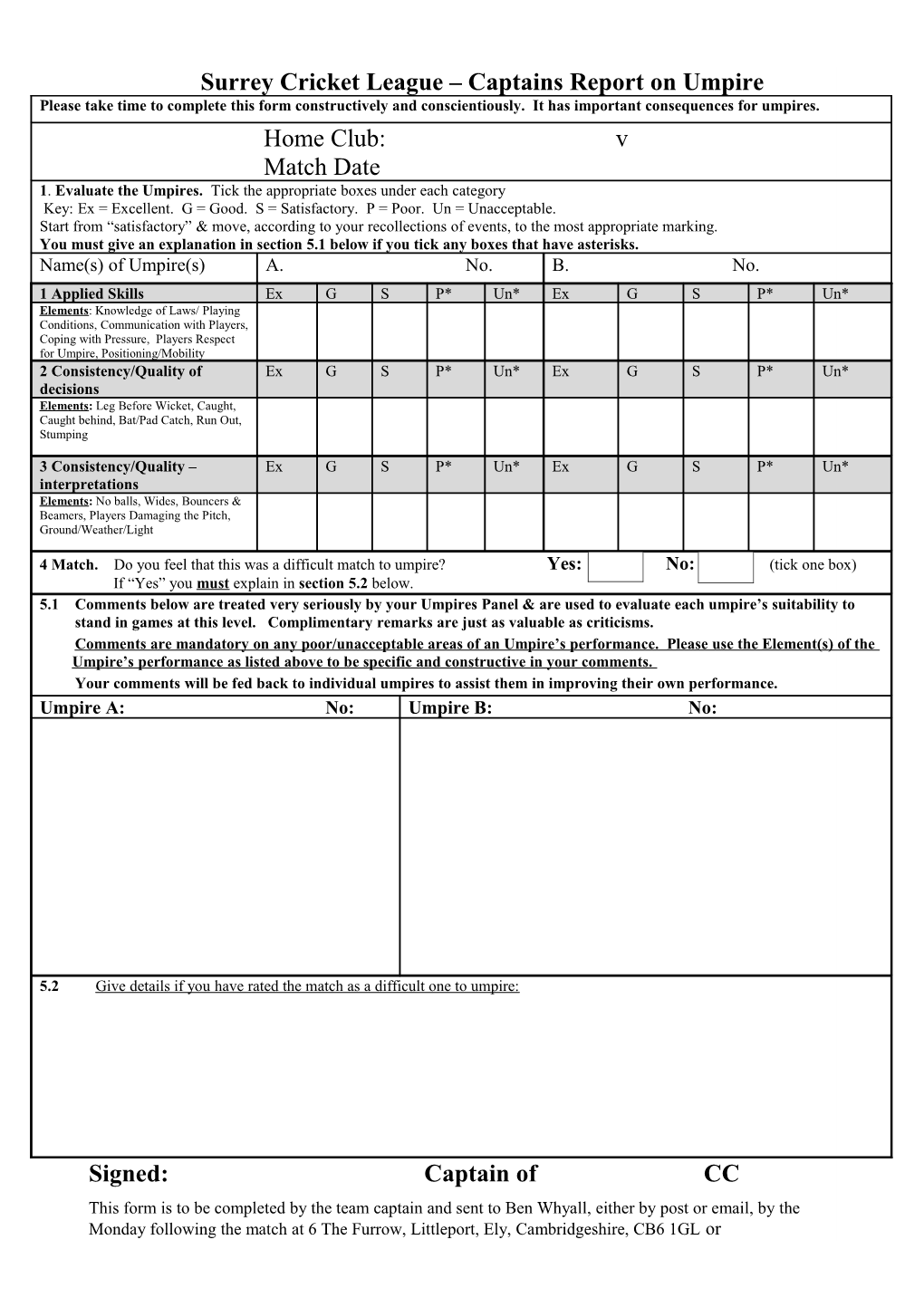 Surrey Cricket League Captains Report on Umpire