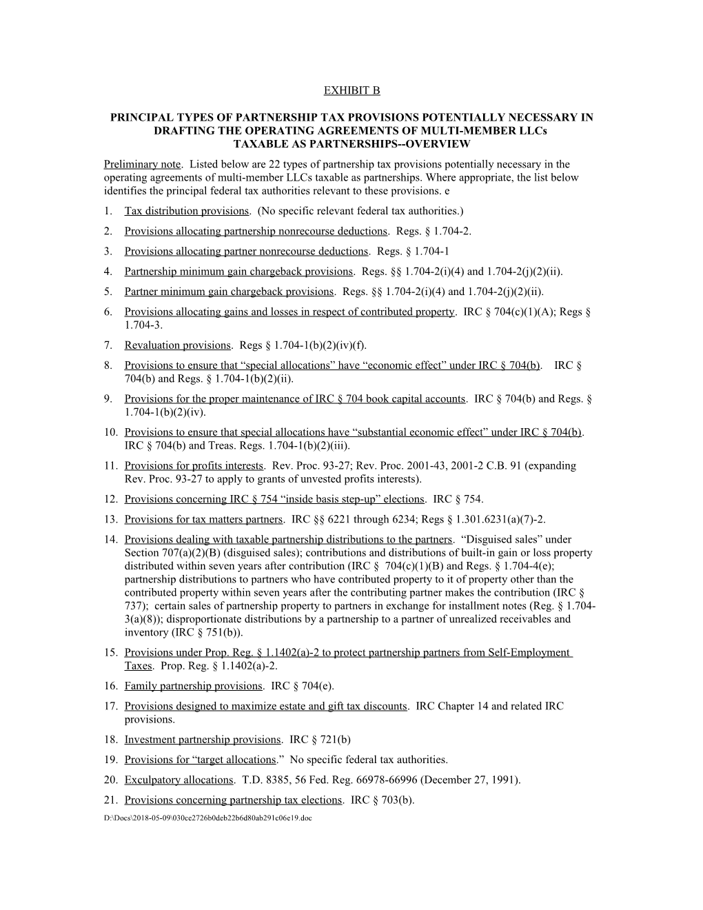 Table of Principal Types of Partnership Tax Provisions Potentially Necessary in the Operating