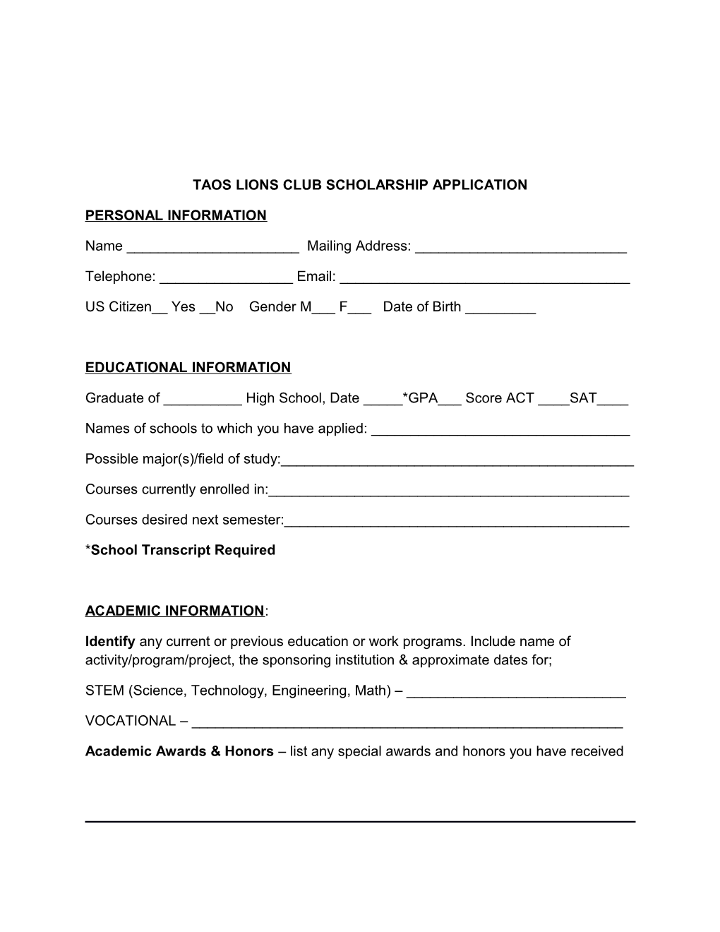 Taos Lions Club Scholarship Application