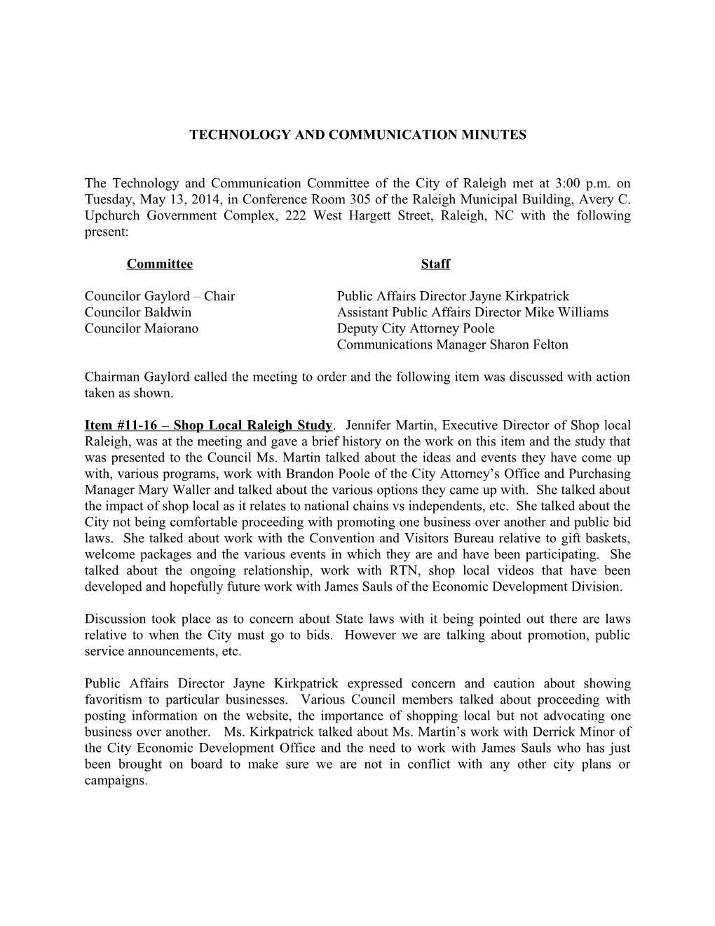 Technology & Communication Committee Minutes - 05/13/2014