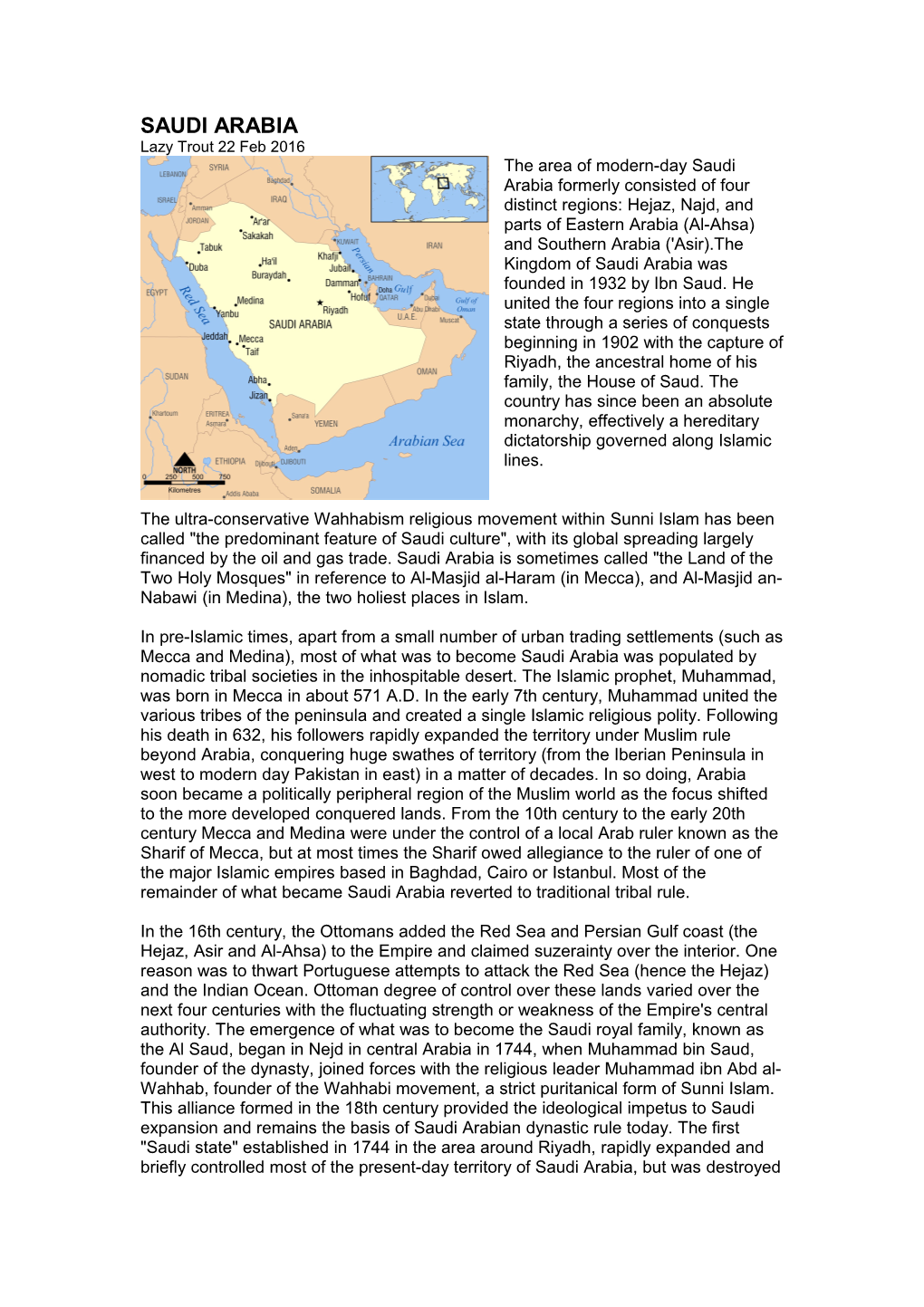 The Area of Modern-Day Saudi Arabia Formerly Consisted of Four Distinct Regions: Hejaz