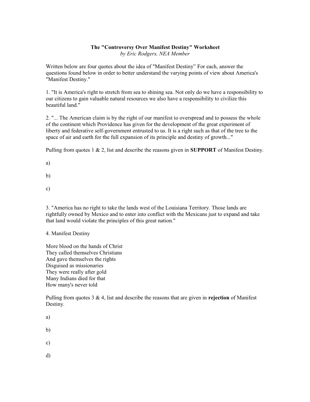 The Controversy Over Manifest Destiny Worksheet DocsLib