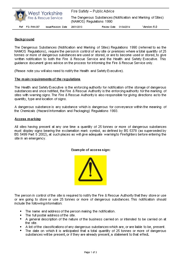 The Dangerous Substances (Notification and Marking of Sites) (NAMOS) Regulations 1990