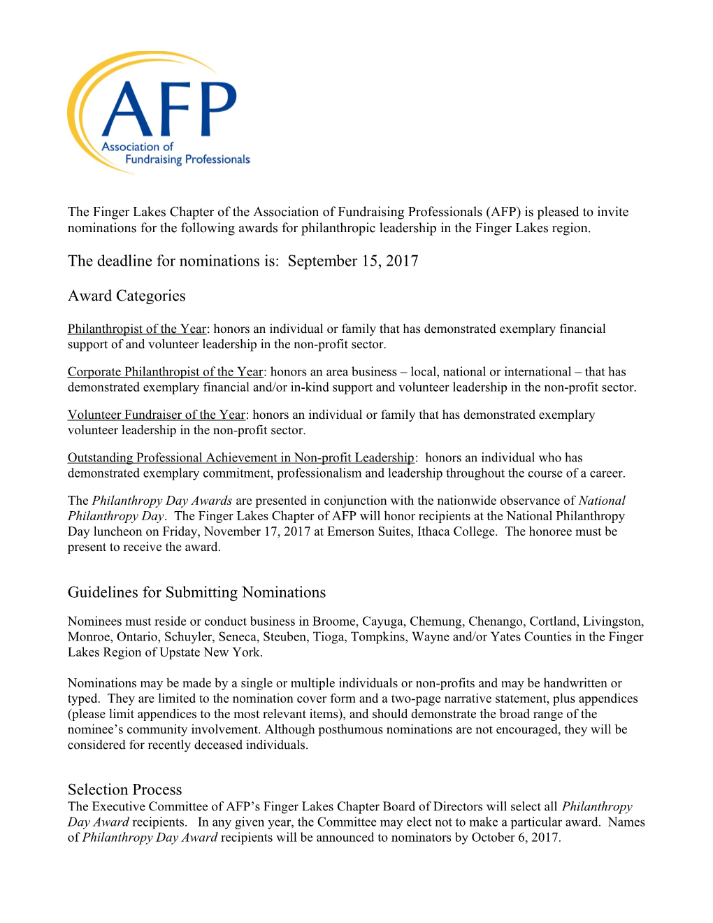 The Finger Lakes Chapter of the Association of Fund Raising Professionals (AFP) Is Pleased
