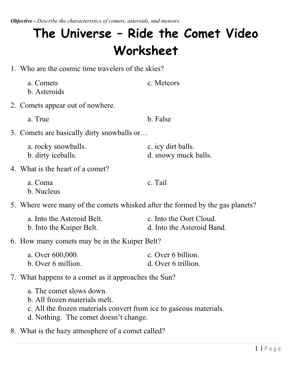 The Universe Ride the Comet Video Worksheet