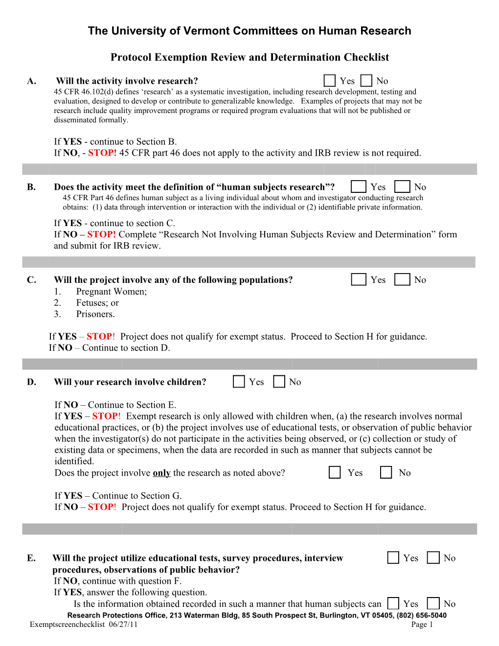 The University of Vermont Committees on Human Research