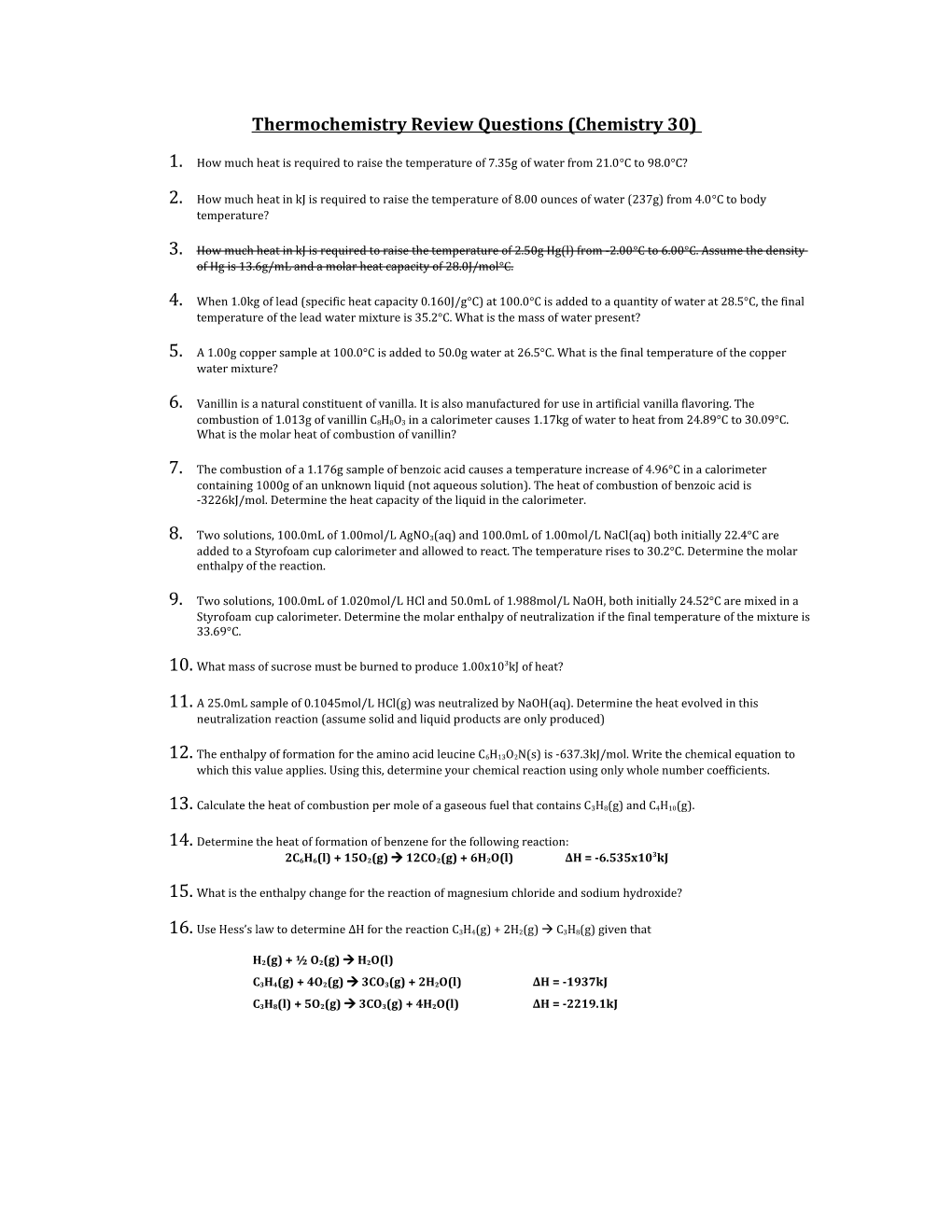 Thermochemistry Review Questions (Chemistry 30)