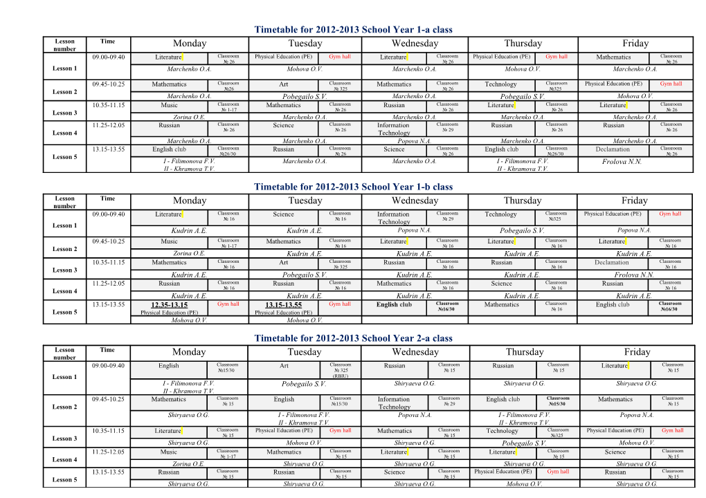 Timetable For2012-2013School Year 1-A Class