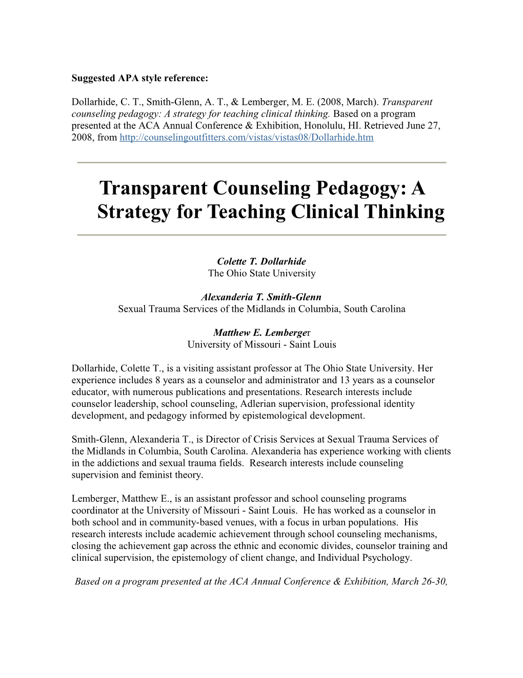 Transparent Counseling Pedagogy: a Strategy for Teaching Clinical Thinking