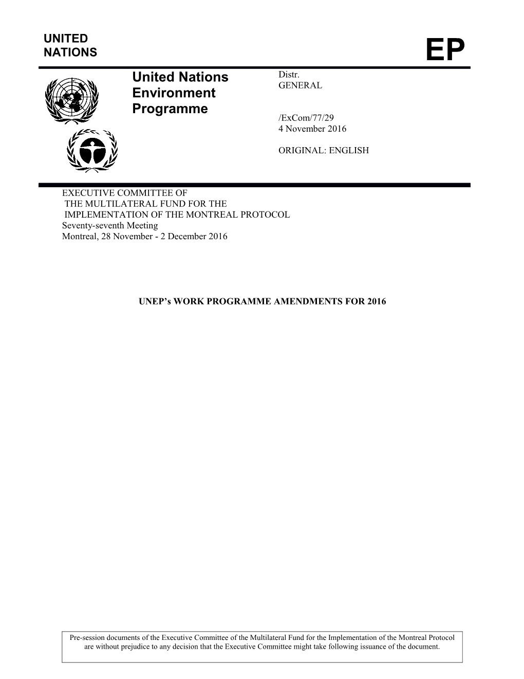UNEP's Work Programme Amendment for 2016