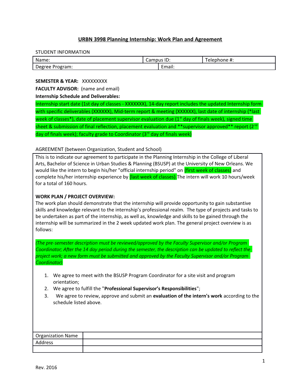 URBN 3998 Planning Internship: Work Plan and Agreement