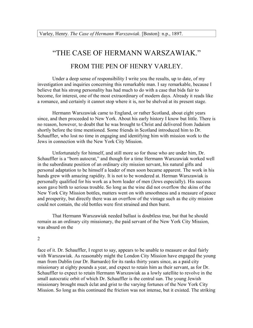 Varley, Henry. the Case of Hermann Warszawiak. Boston : N.P., 1897