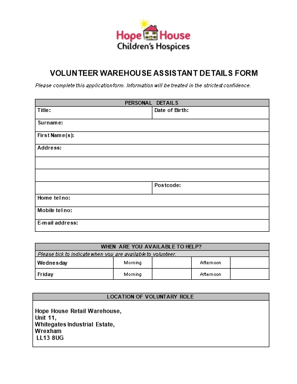Volunteer Warehouse Assistant Details Form