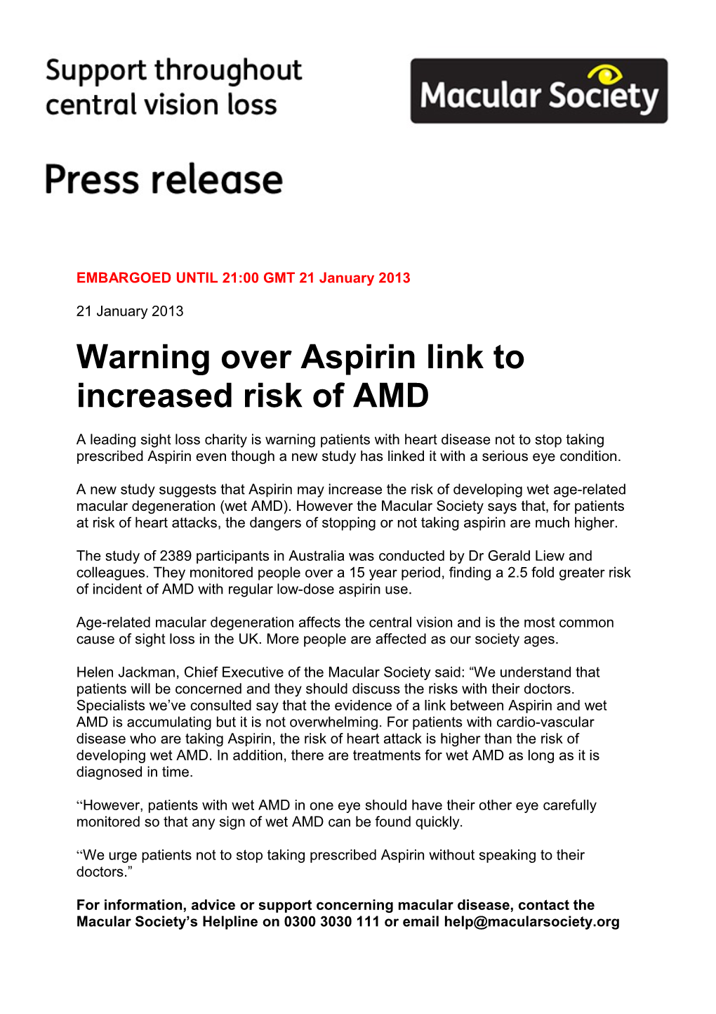 Warning Over Aspirin Link to Increased Risk of AMD