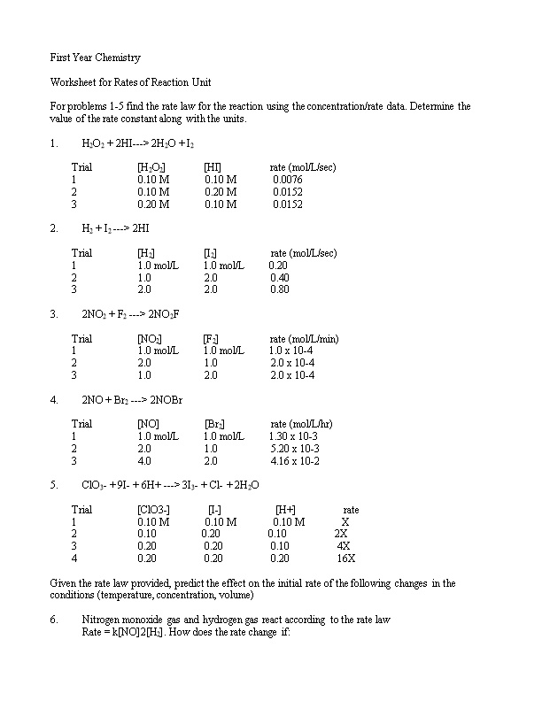Worksheet for Rates of Reaction Unit