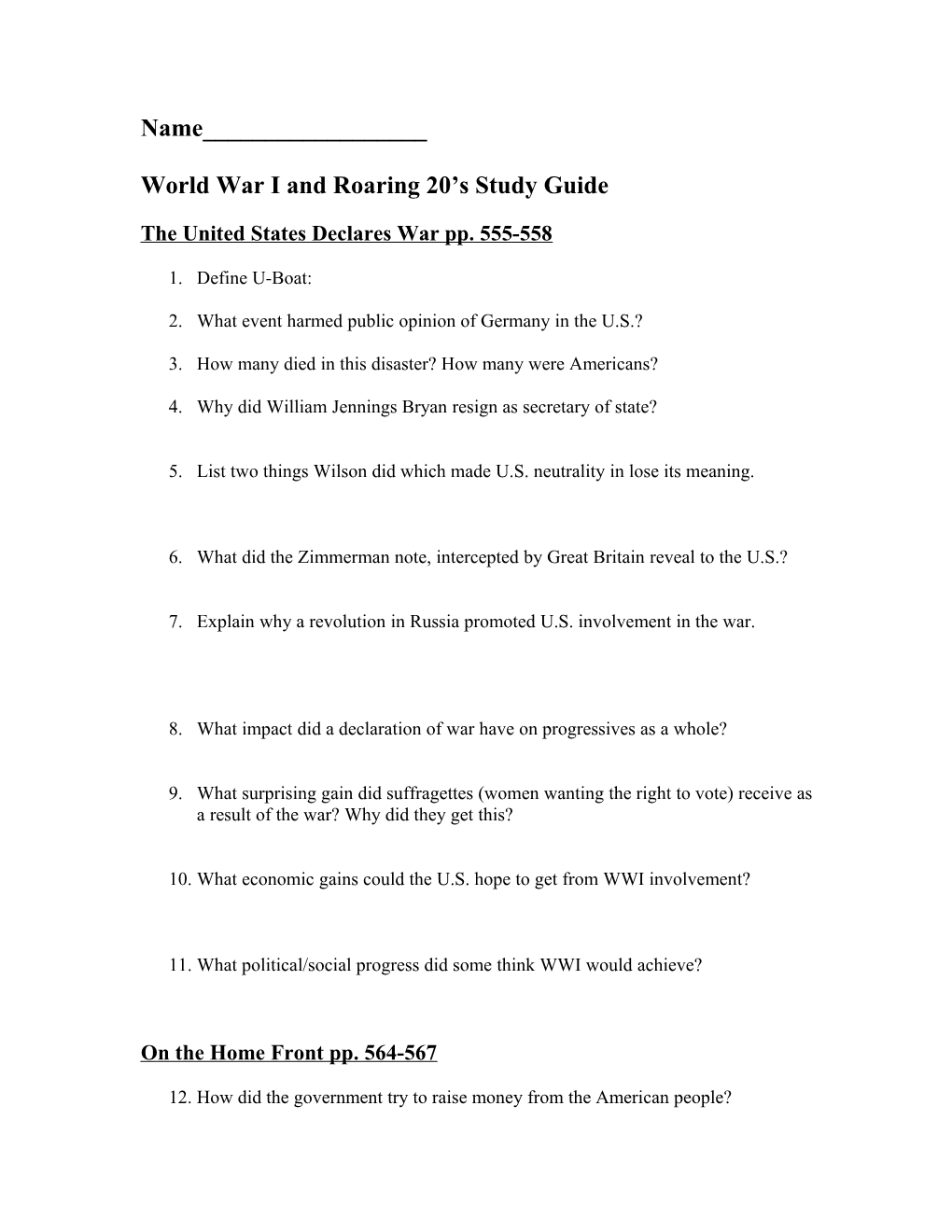 World War I and Roaring 20 S Study Guide