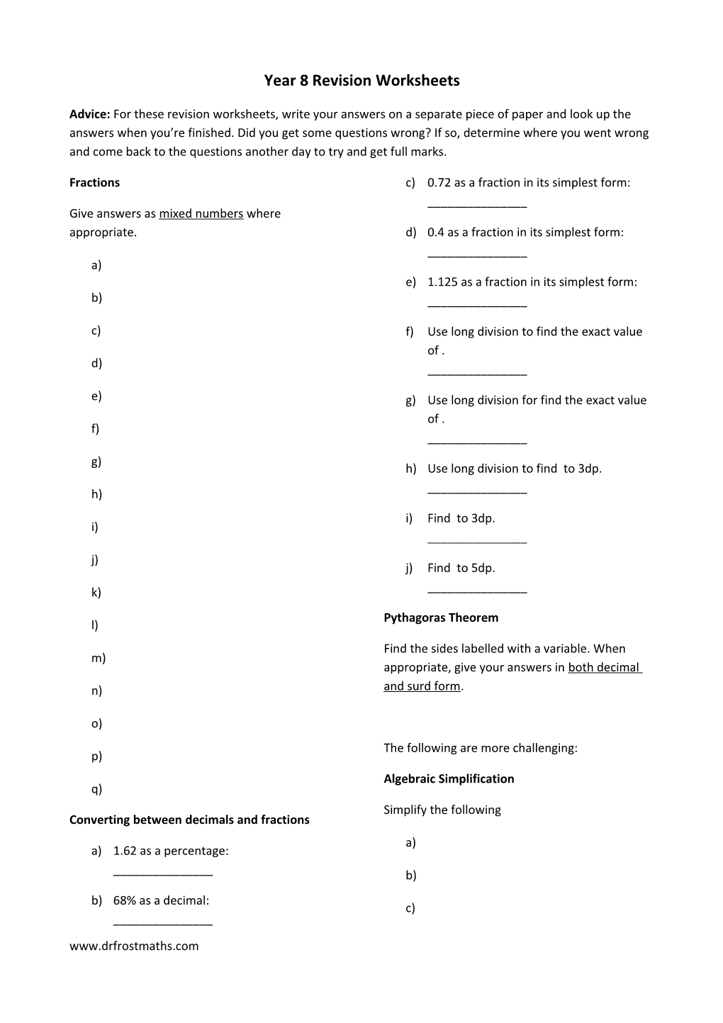 Year 8 Revision Worksheets